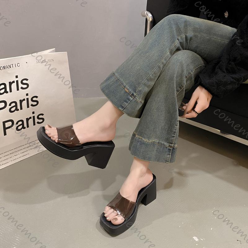 Comemore High-heeled Women's Shoes Transparent Slipper Thick Heel Heightening Thick Bottom Summer Outside Wear Slides