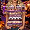 Women's Halloween Print V Neck Short Sleeve Button Detail Three Quarter Sleeve T Shirt Top Casual Fashion
