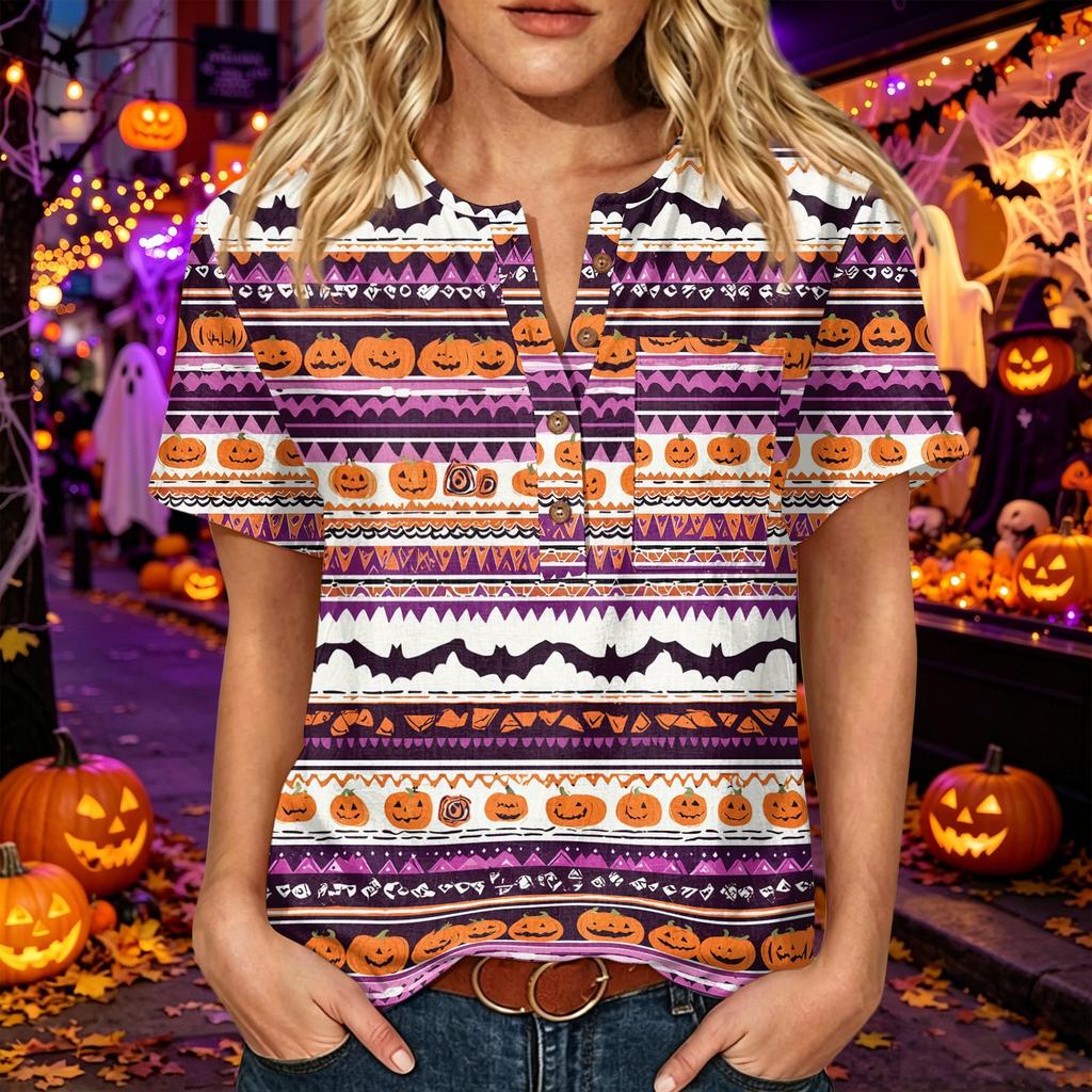 Women's Halloween Print V Neck Short Sleeve Button Detail Three Quarter Sleeve T Shirt Top Casual Fashion