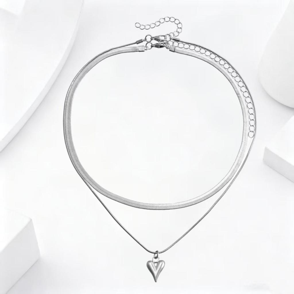 Elegant Double-Layer Heart Pendant Necklace: European & American Design, Fashionable Clavicle and Snake Chain for Women