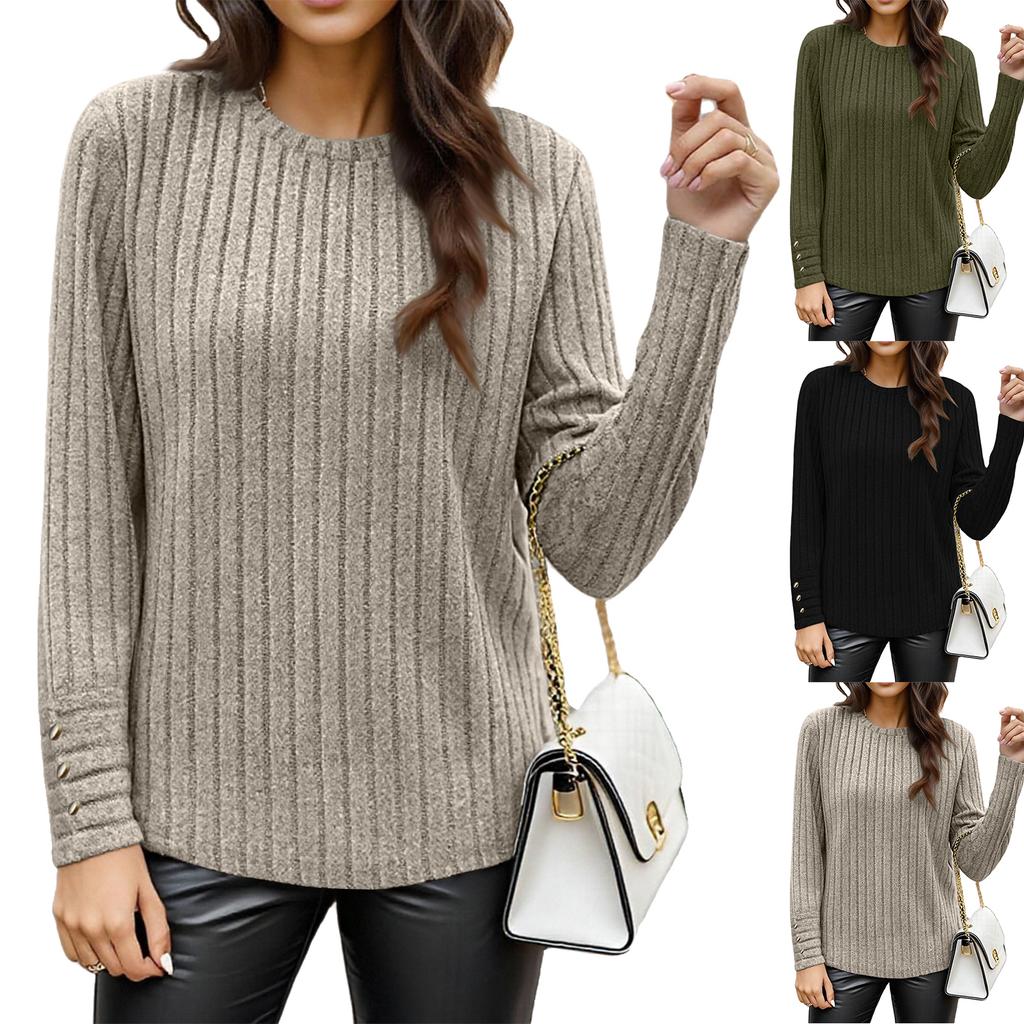 Women's Round Neck Plus Size Solid Color Casual Fashion Long Sleeve Button Top