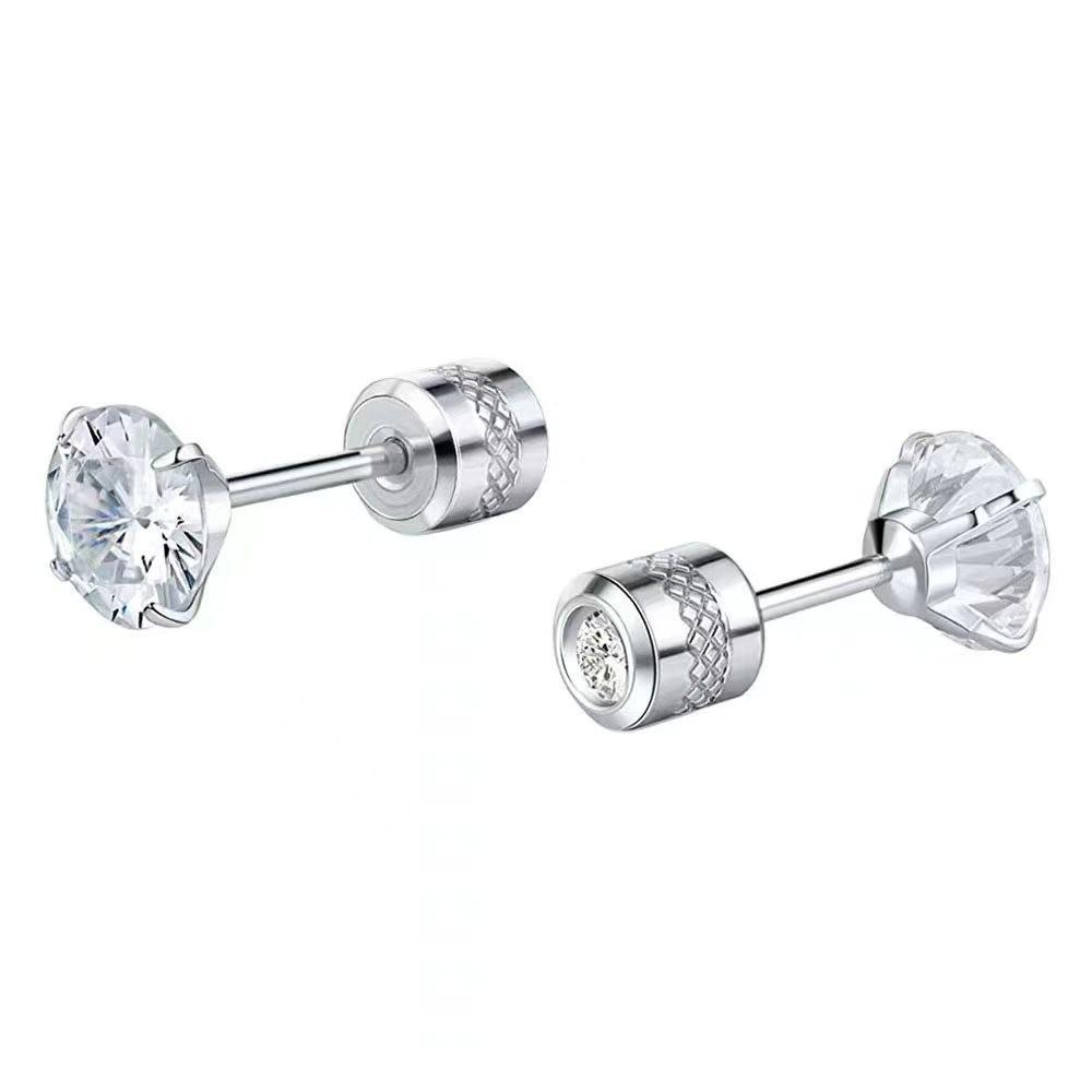 European  American Fashion Stainless Steel Round Cubic Zirconia Stud Earrings with Inlaid Double Diamond Four-Claw Design.