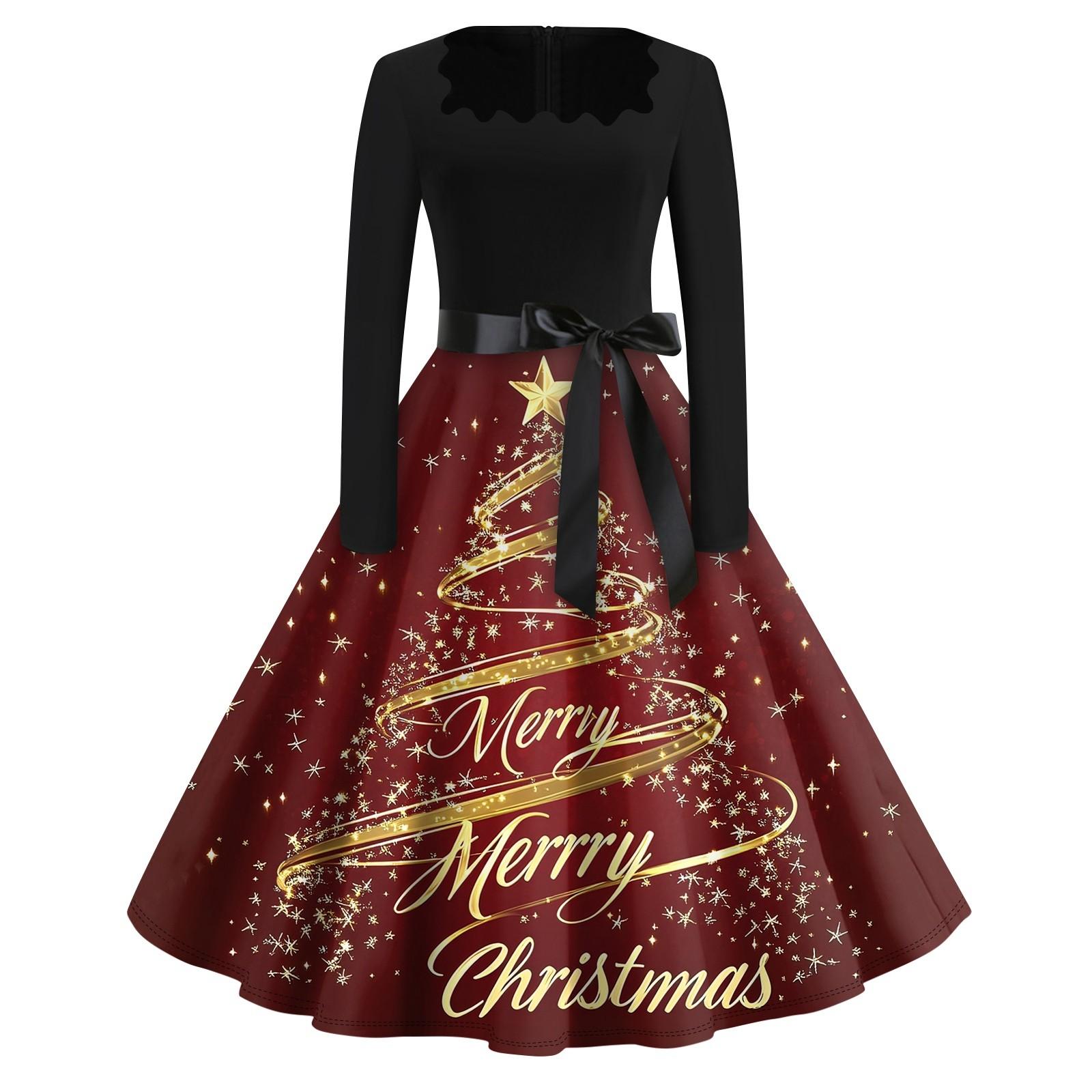 

Рождественский принт расклешенное платье для женщин платье с длинным рукавом ажурное вечернее повседневное платье с квадратным воротником XL золотой