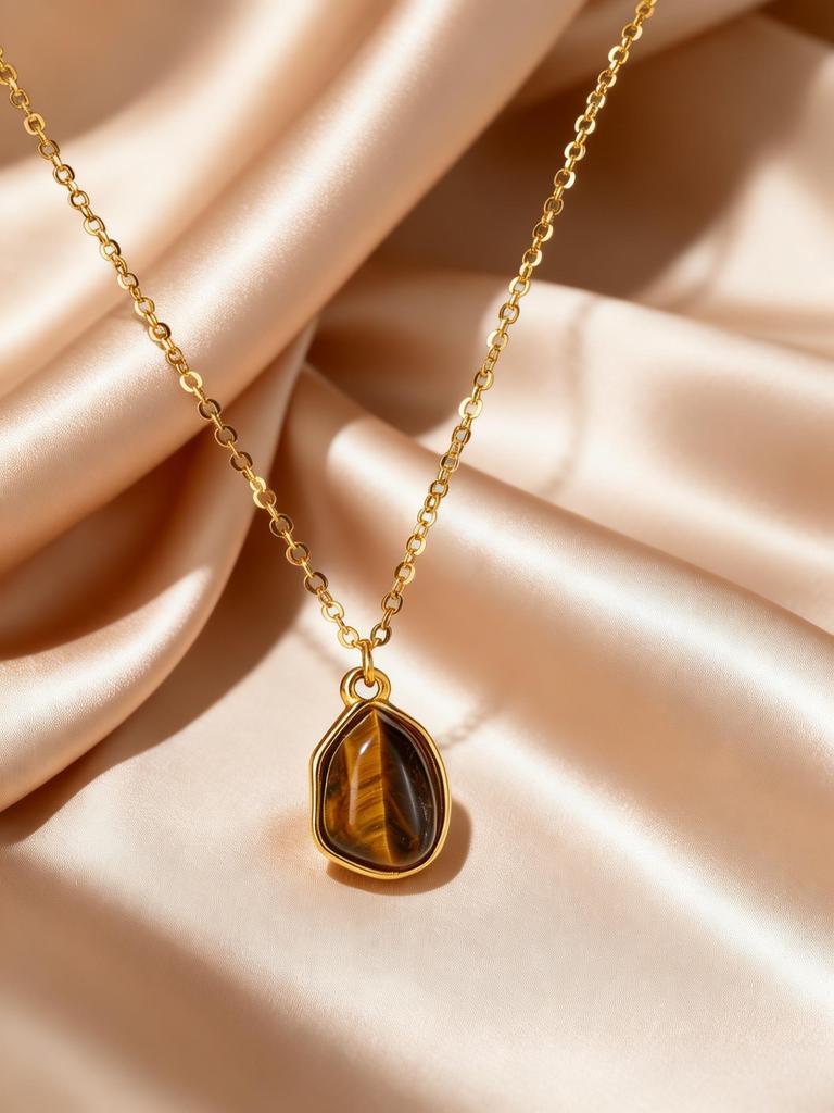 Collier Pierre Naturelle Œil de Tigre pour Femmes Acier Inoxydable Plaqué Or Collier avec Pendentif Pierre Géométrique Bijoux Esthétiques Cadeau