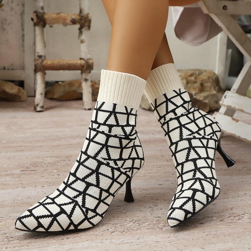 Fashion Colorblock Knit Breathable Cloth Slim Heel Single Boots Women's Fashion Pointed Toe Sleeve Non-Slip Wear-Resistant High Heels