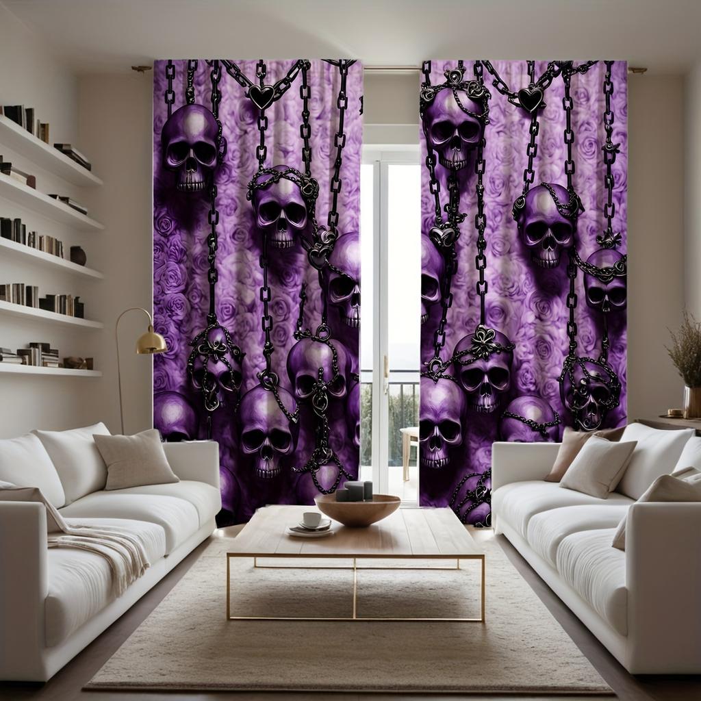 Purple Gothic Skull Chain Curtains Pocket Rod Digital Print Polyester Bedroom Living Room All Season Decor Curtain Sheer For Sitting Made Of