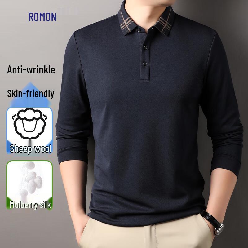 Romon Men's Anti-Wrinkle Silk & Wool Blend Long Sleeve Polo Shirt