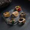 Salircon 6Pcs/Set Retro Gold Color Signet Chunky Rings Men Hip Hop Punk Acrylic Rhinestone Finger Ring Party Jewelry Accessory
