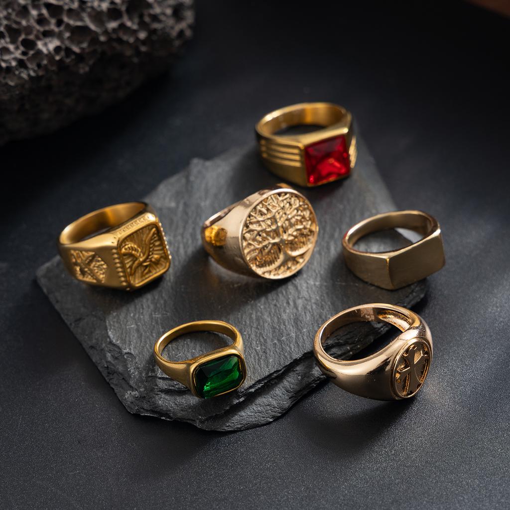 Salircon 6Pcs/Set Retro Gold Color Signet Chunky Rings Men Hip Hop Punk Acrylic Rhinestone Finger Ring Party Jewelry Accessory