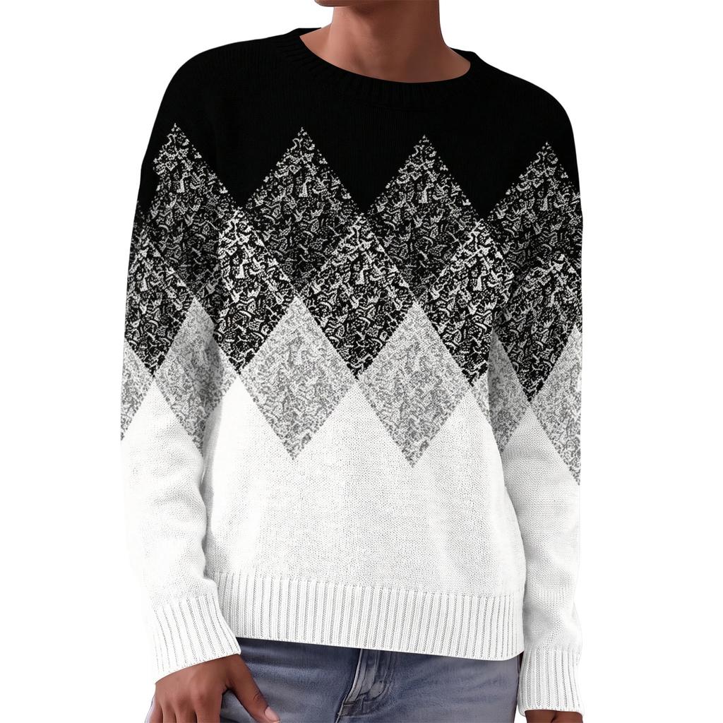 Women's Fall Winter Neck Long Sleeve Sweater - Soft Knit Printed Pullover