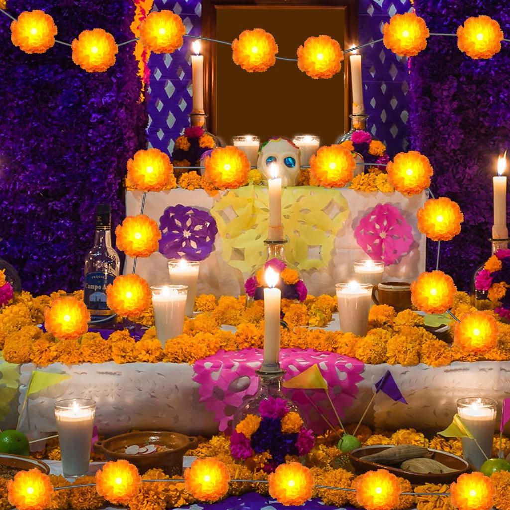 Artificial Marigold String Lights, Hanging String Lights Decorations, For Diwali, Horror Atmosphere Decorations, Total Length 10 Feet, 20 Lights