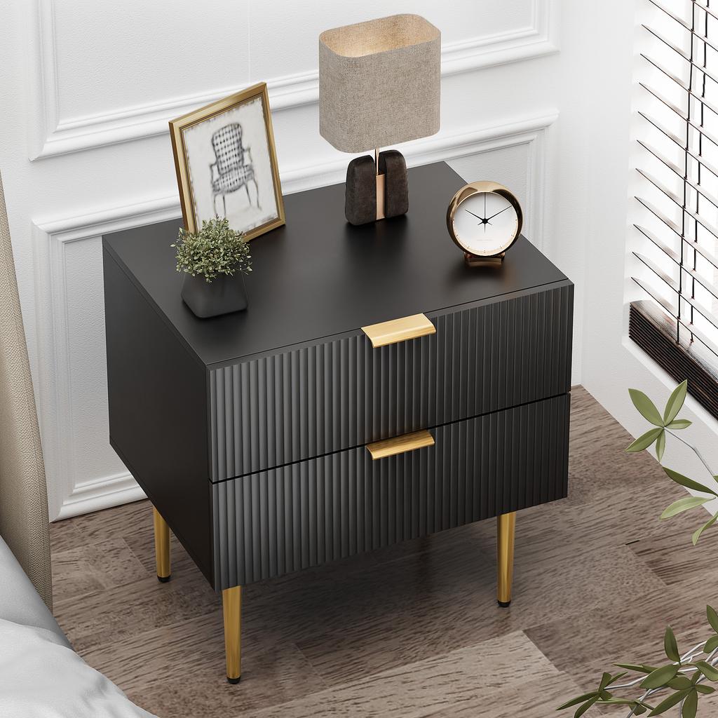 Black Nightstand with Wave Pattern and 2 Drawers, Bedroom Nightstand, Modern Nightstand with Metal Legs, 1 Piece