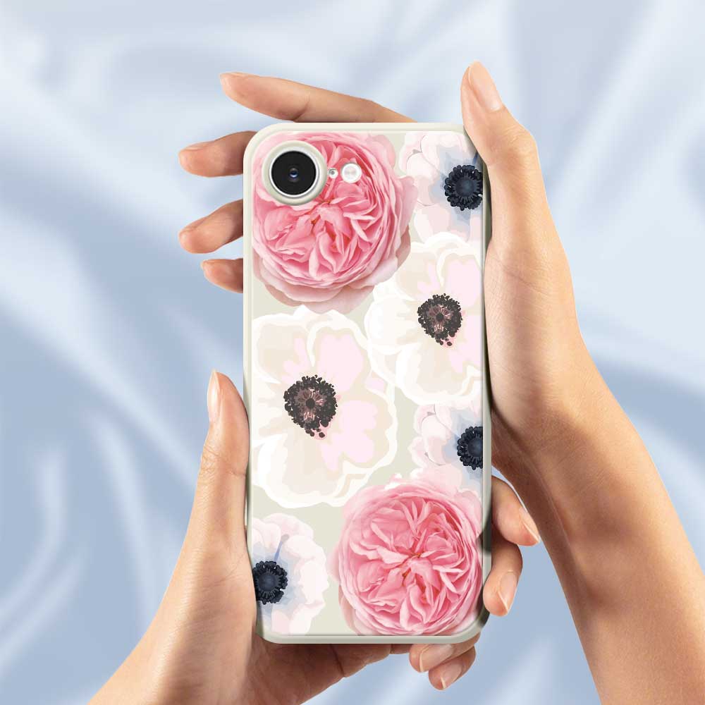 For iPhone 16e Case White and Pink Flower Pattern Printing Straight Edge TPU Phone Back Cover