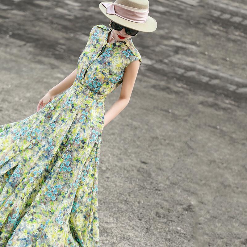 Lanser 2026 Summer French Floral Tie-Waist Sleeveless Dress