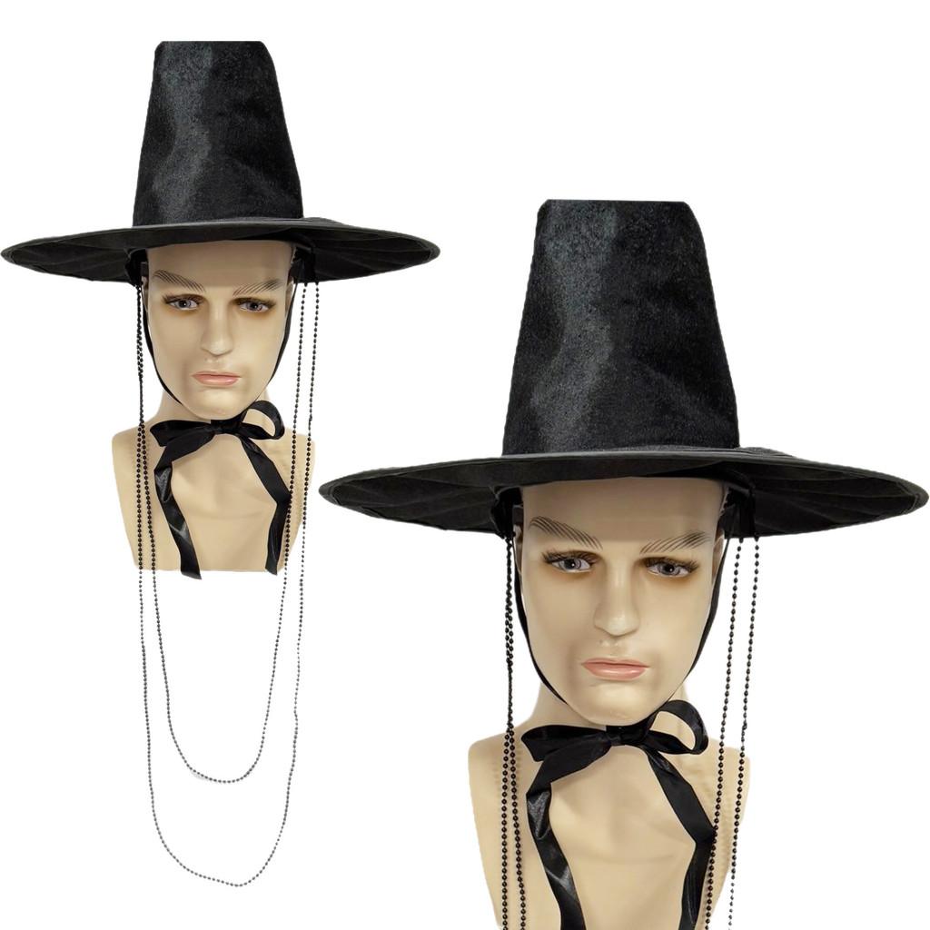 Traditional Korean Style Flat Top Hat With Pearl Chain For Cultural Performances And Themed Parties