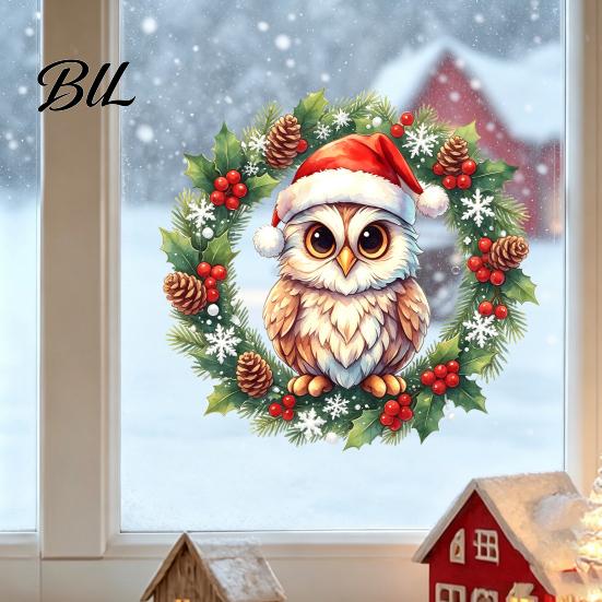 Customizable Window Patterns Christmas Owl Wreath Static Cling, Winter Holiday Glass Sticker, Decorative Party Supplies No?Glue Reusable Decal