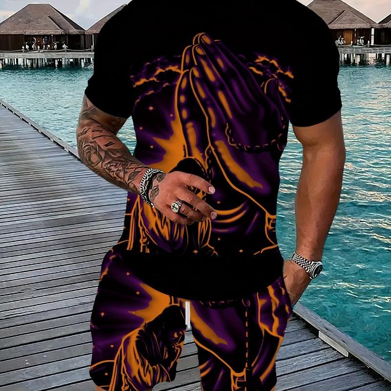 Set de Vară pentru Bărbați cu Tricou Larg Imprimat 3D și Pantaloni Scurți Modă Simplă Îmbrăcăminte Sport Casual Două Piese pentru Activități în Aer Liber
