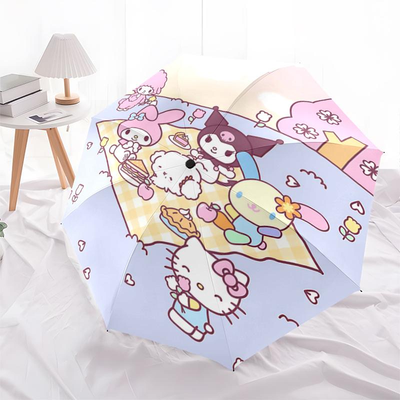 1pc Hello Kitty & Friends Picnic with Cherry Blossom Print - Automatic Opening Umbrella, Portable Folding Design, 8-Bone Iron Frame Outdoor Umbrella,