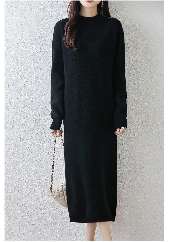 Women's Loose Knit Wool Dress with Round Neck - Over-the-Knee Length, Korean Style, Suitable for Autumn and Winter.