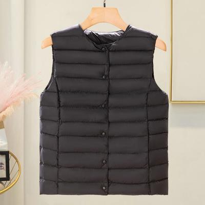 Winter Women Layering Vest Coat with Storage Bag Thin Padded Button Closure Round Neck Sleeveless Solid Color Windproof Heat Retention Outdoor