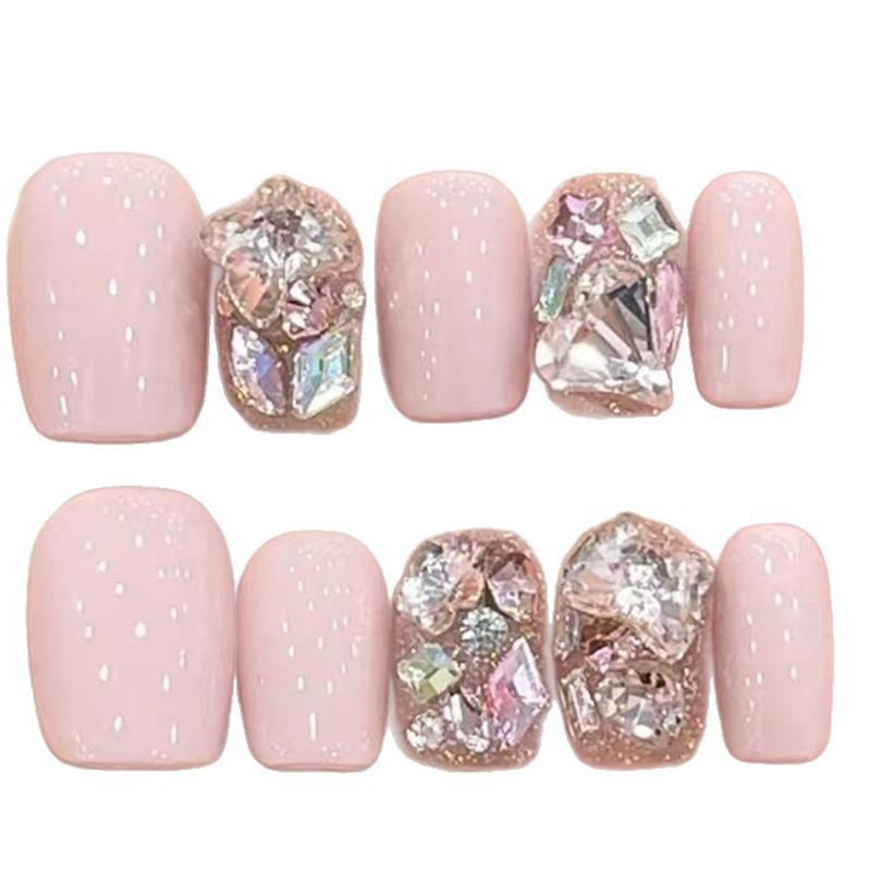 10pcs Pink Nude Cat Eye Rhinestone Handmade Short Square Press On Nails C Curve Full Coverage False Nail Tips