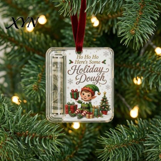 Christmas Tree Money Holder Retro Cash Pendant, Decoration, Transparent Acrylic Unique Ornament Holiday Hanging with Card Slot for Festive Party