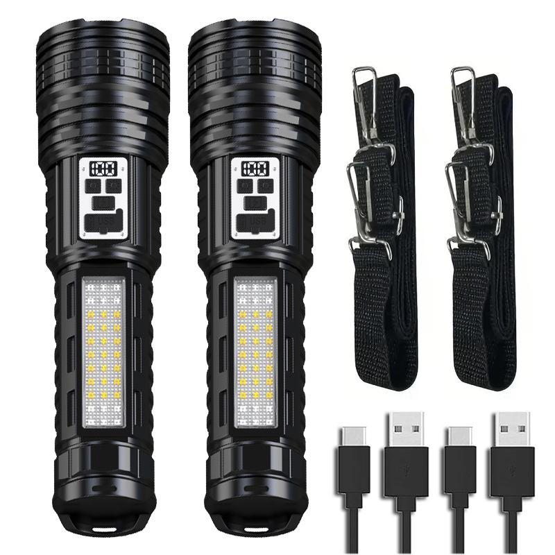 Super Big Flashlight USB Rechargeable Most Strong LED Flash Light Long Range Torch Zoom Outdoor With Digital Power Display