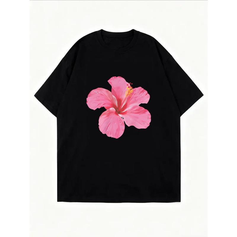 White T Shirt With Pink Hibiscus Flower Print For Casual Summer Wear