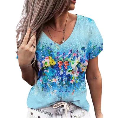 Neues florales 3D-gedrucktes V-Ausschnitt T-Shirt Street T-Shirt Damenbekleidung