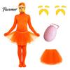 Halloween Party Jumpsuits Orange Full Bodysuit, with Tulle Skirt, Fake Belly, Yellow Mustache & Eyebrows, Cosplay Outfit Open Face Zentai Suit,