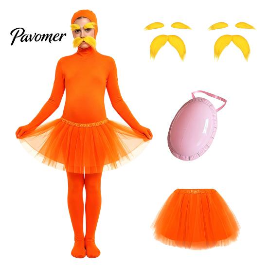 Halloween Party Jumpsuits Orange Full Bodysuit, with Tulle Skirt, Fake Belly, Yellow Mustache & Eyebrows, Cosplay Outfit Open Face Zentai Suit,