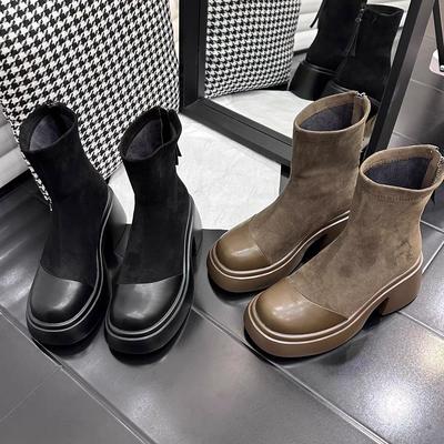 Thick-soled Thick-heeled Short Boots Women's New Autumn and Winter Thin Boots European Station British Style Elastic Boots Heightening Martin Boots