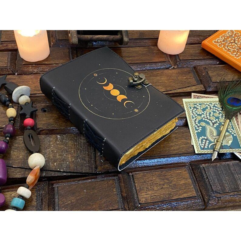 Moon Phase Leather Journal Notebook - Book of Shadows Handstitched Journal Grimoire Journal Handmade Journal With Deckle Paper Brass C Lockc