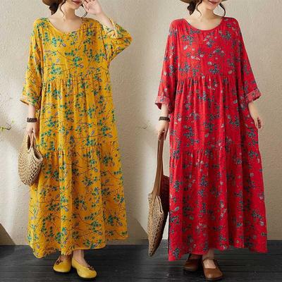 New Round Neck Floral Long-sleeved Loose Thin Large Swing A-line Skirt