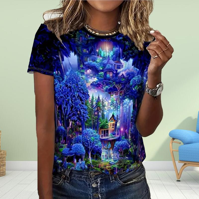 Fashion WomenOil Painting Print T Shirt Funny Casual O-neck Short Sleeves T-shirt Summer Female Tee Shirt