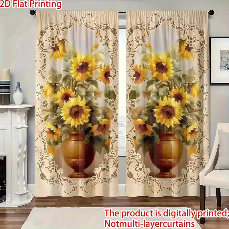 Vibrant Vase Sunflower Curtains Digital Print Privacy Polyester Living Bedroom Window Vintage Home Curtain Set Of 2 Farmhouse Made With Rod Pocket