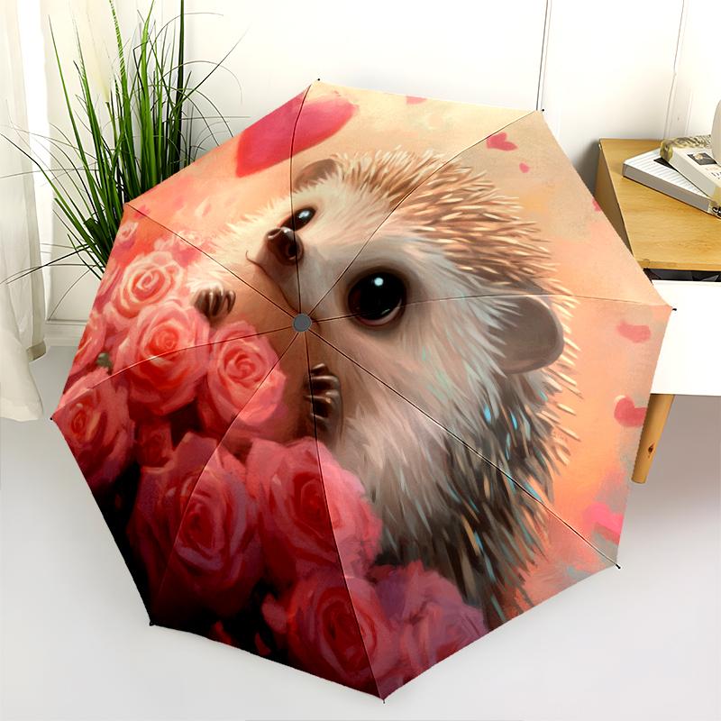 Rose and Hedgehog Pattern, Automatic Folding Umbrella, Portable and Foldable Design, 8 Ribs, a Christmas or Birthday Gift.