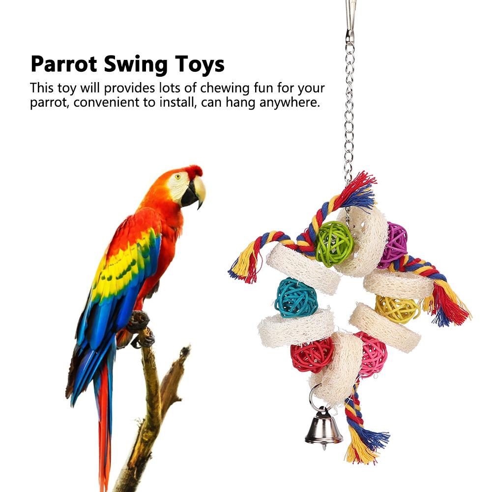 Bird Playing Toys Loofah Sponge Cotton Rope Hanging Parrot Rattan Biting Chewing Standing Rack Toy