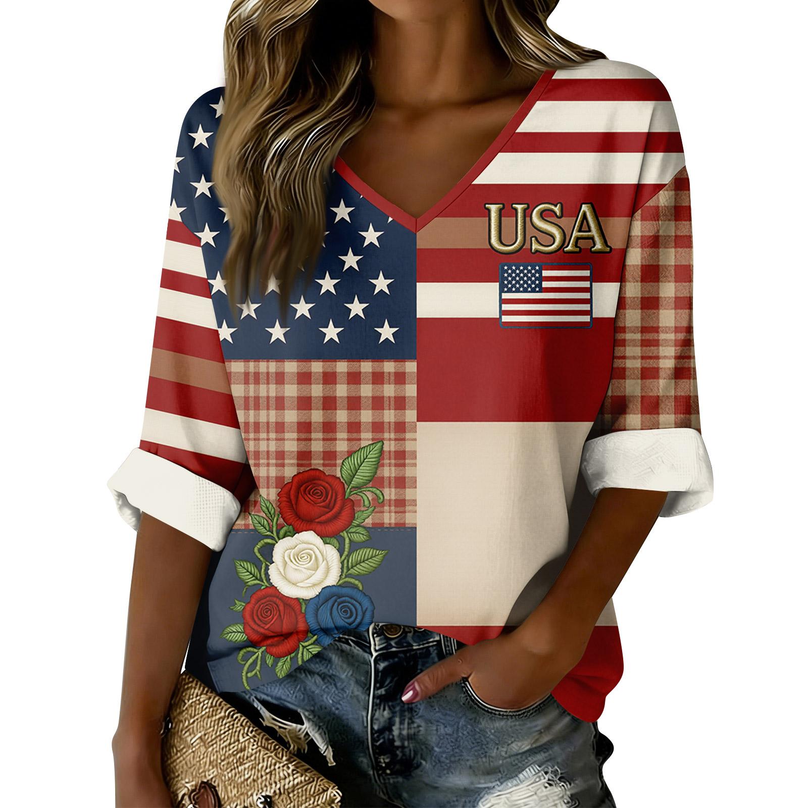 

Women V Neck Long Sleeve Top with USA Flag and Floral Print Loose Fit Blouse Casual Pullover Shirt for Everyday Wear XL винный