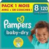 Couches pampers baby-dry taille 8 (17+ kg), 120 couches bébé, pack 1 mois, double-barrière anti-fuites