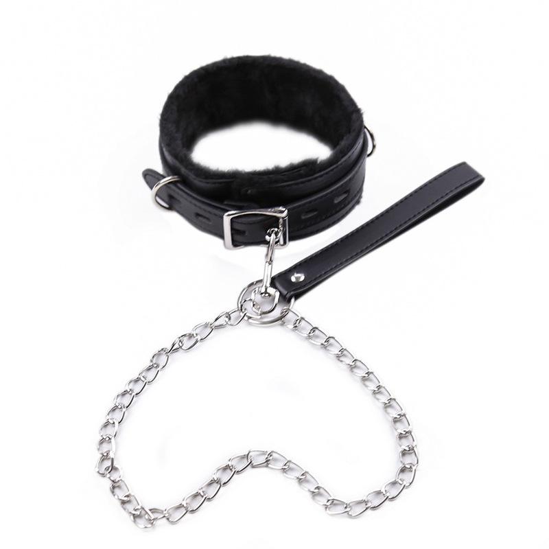 PU Leather Furry Bondage Choker Collar with Chain Lead Leash Multi Colors Erotic Role Play Costumes Sex Toys For Adult Couple