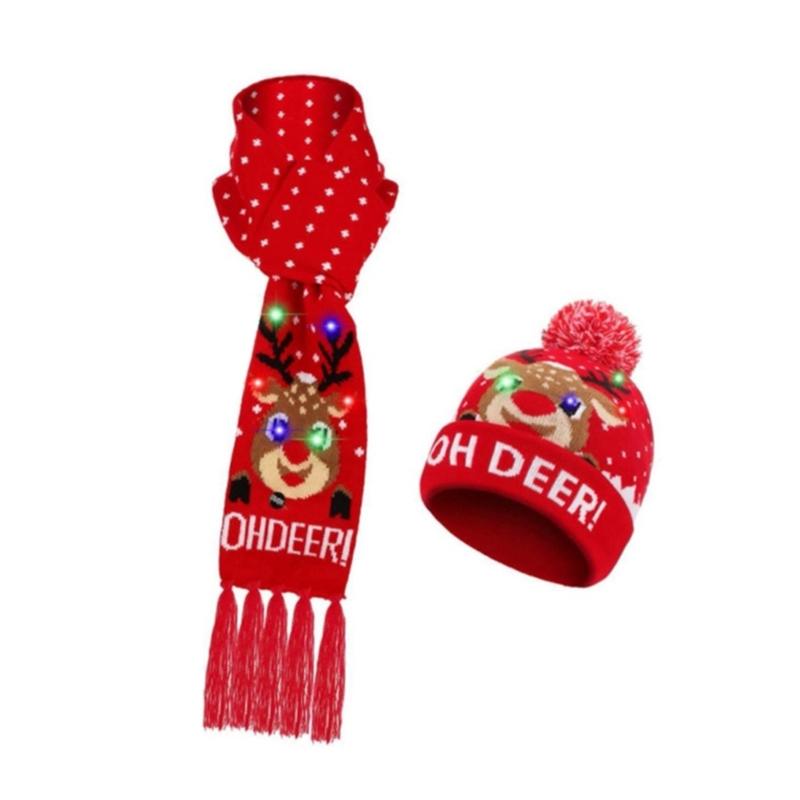 Chapeau Tricoté Chaud de Noël Écharpe à Pompons Bonnet Bébé Chapeau Bonnet avec Pompon et Ensemble Écharpe de Cou pour Enfant 3-10 Ans