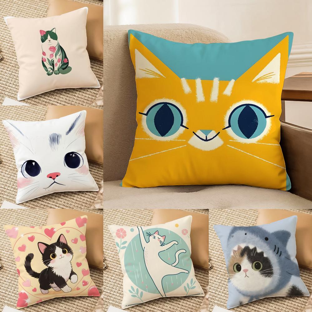 Cute Pink Cat Pattern Pillow Case Double-Sided Plush Sofa Cushion Covers Organic Breathable Invisible Zipper