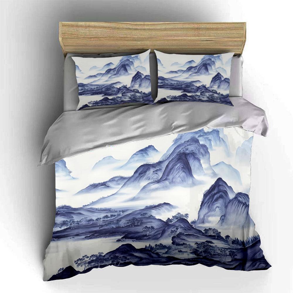 Ink Landscape Painting With Cloudy Peaks Print Bedding Set 1 Duvet Cover 2 Pillowcases For Adult And Children Luxury Gift