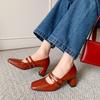 New Women's Fashion Single Shoes Solid Color High Heel Comfortable Cowhide Single Shoes Square Head Buckle Non-slip Cowhide Sole Large Size Shoes