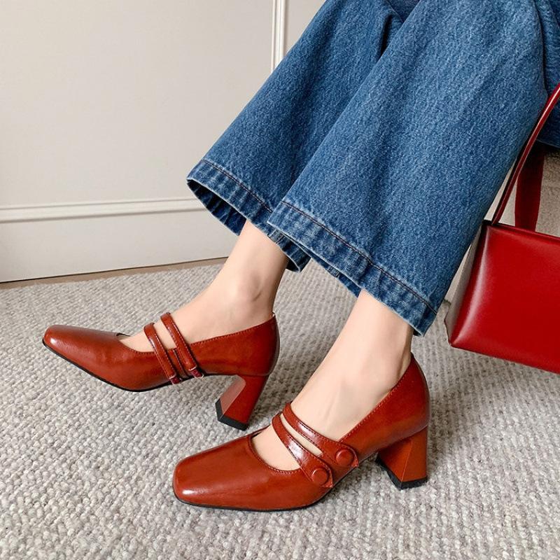 New Women's Fashion Single Shoes Solid Color High Heel Comfortable Cowhide Single Shoes Square Head Buckle Non-slip Cowhide Sole Large Size Shoes