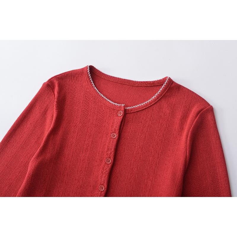 Spring new style six-button textured round-neck long-sleeve women's casual short knitted cardigan