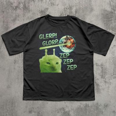 Glerp Glorip Divertido Gato Alienígena Meme Impreso Algodón Puro de Moda y Cómodo Camiseta para Hombres Mujeres Verano Informal para Hombres