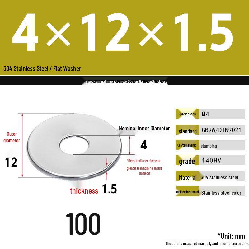 304 Stainless Steel Thickened Flat Washer Set, Sizes 2-36
