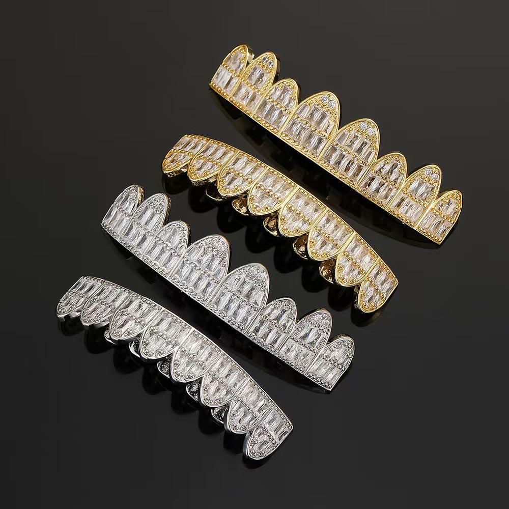European and American Trendy HIOHOP 18K Gold Plated Hip Hop Grillz with Copper Inlaid Square Rhinestones.